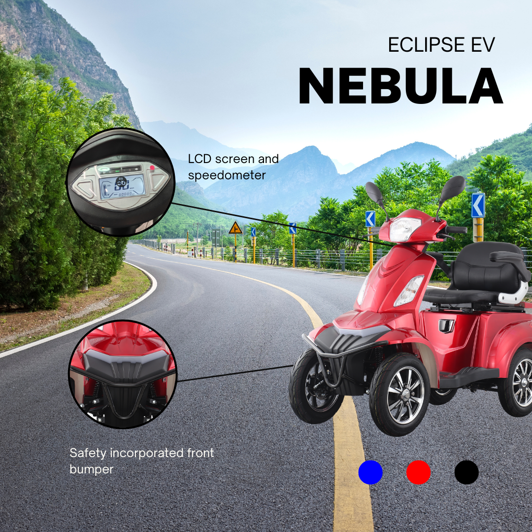 An advertisement for the Eclipse EV Nebula electric scooter featuring a red scooter on a scenic mountain road with the LCD screen and front bumper highlighted.