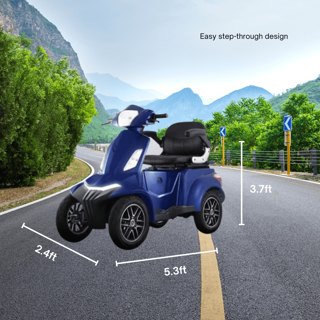 Alt text: a blue three-wheeled Nebula mobility scooter by Eclipse EV is parked on a road through a mountainous landscape. Dimensions are marked on the image, and a label notes its "easy step-through design.