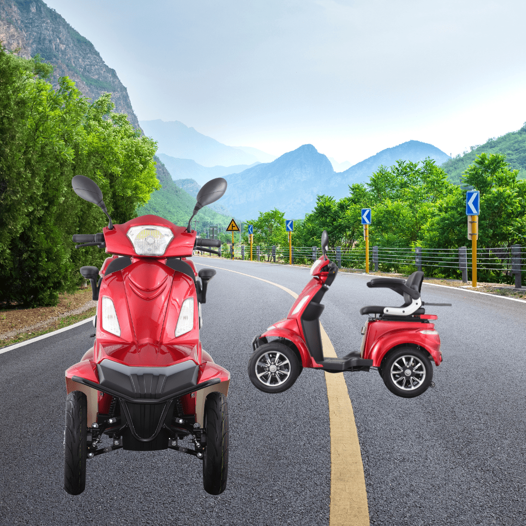 Two red Nebula mobility scooters by Eclipse EV on an empty road with mountains in the background and a clear blue sky. Road signs are visible on the side.