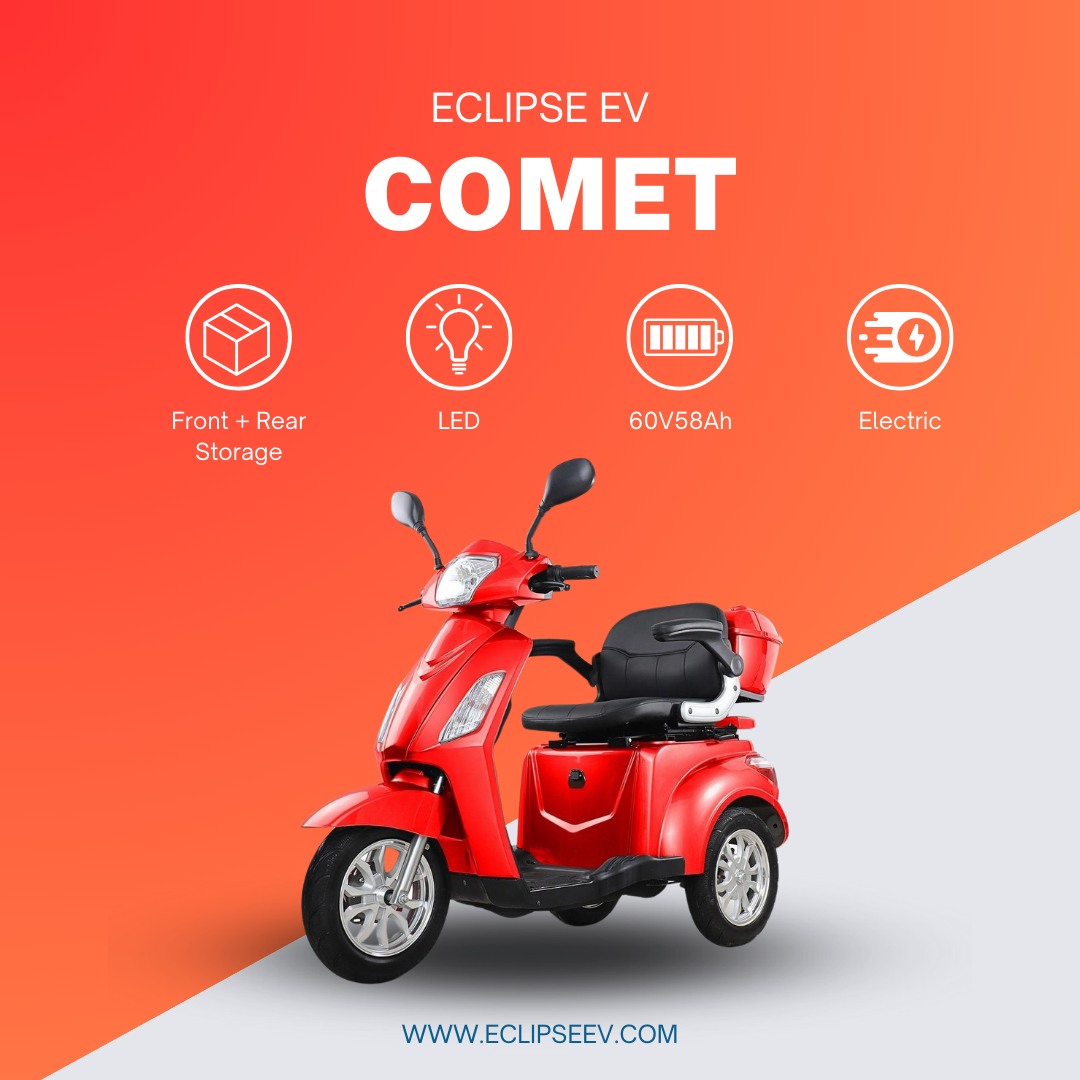 Bright red electric scooter named "Eclipse EV Comet" with front and rear storage, shown against a vivid orange background. Icons highlight features such as LED lighting and a 60v58ah battery.