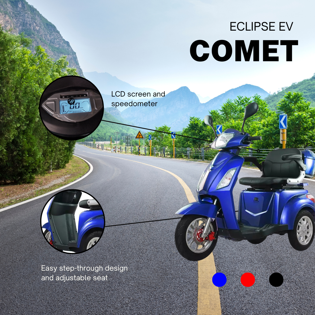 An advertisement for the Eclipse EV Comet mobility scooter, featuring its blue model on a scenic road with mountains in the background. Insets show a close-up of the LCD dashboard and the scooter's step-through design.