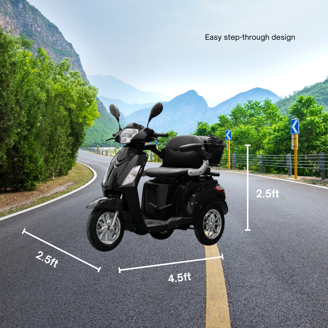 A black Eclipse EV Comet mobility scooter is parked on an asphalt road with mountain scenery in the background. The image includes dimensions: 2.5 ft wide, 4.5 ft long, and labels "easy