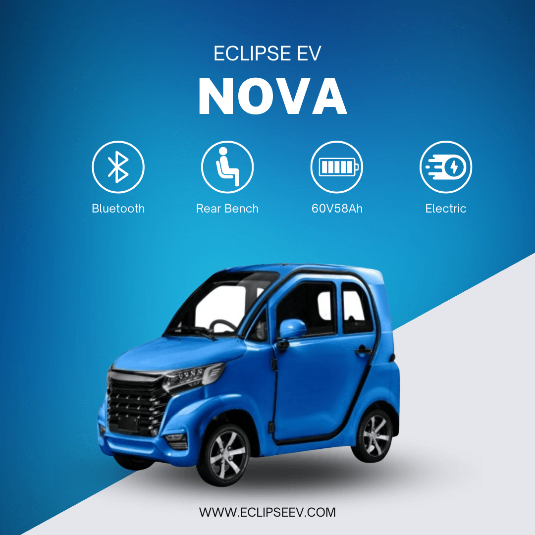 Promotional image featuring the Nova EV electric mobility scooter, a compact electric vehicle displayed in electric blue against a matching backdrop with icons indicating bluetooth, rear bench, 60v58ah battery, and electric power.