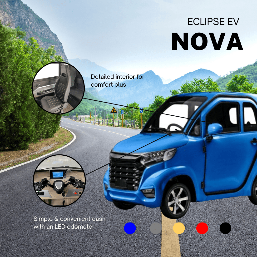 Advertisement image for a blue Eclipse EV Nova electric vehicle on a road with mountain backdrop. includes close-ups of its interior and odometer. color options shown at the bottom.