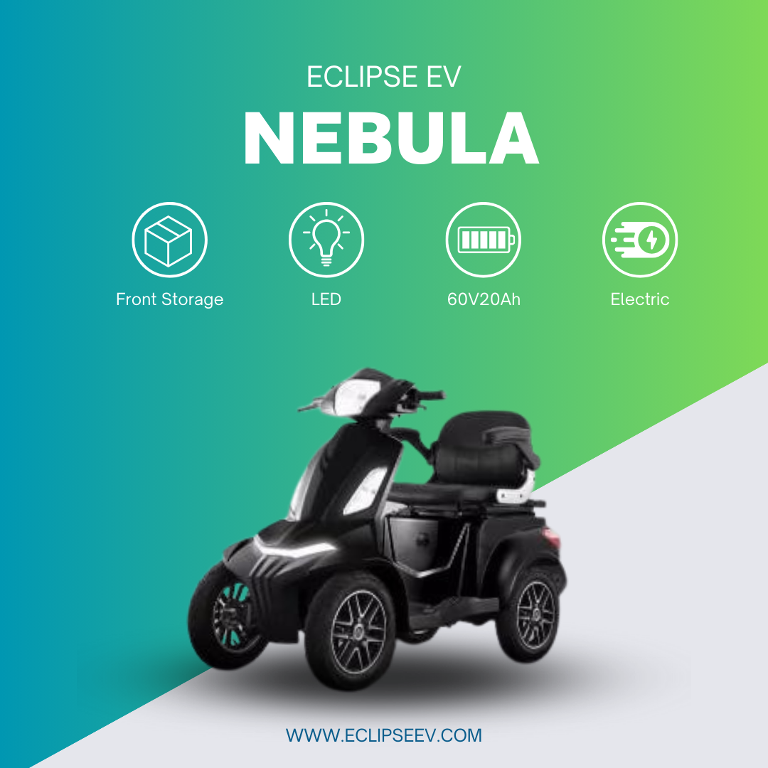 Promotional image for eclipse ev nebula, featuring a black electric tricycle, highlighting its features like front storage, led, and 60v 20ah battery, set against a teal and white background.